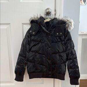 Kids Black Puffer Jacket with Faux Fur Hood